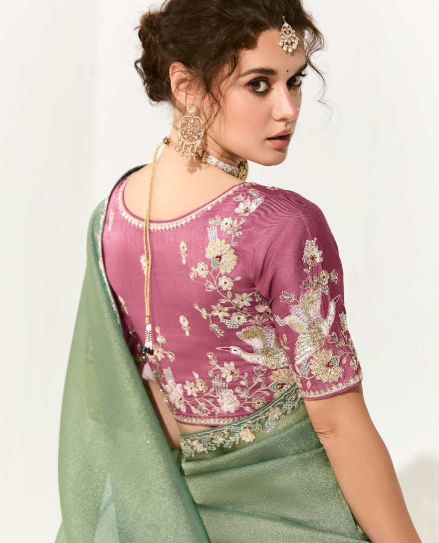 2216 - Fascinating Pista Green Border Work Tissue Silk Traditional Saree With Blouse